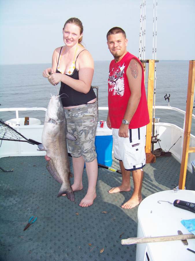 Jasmine and Ryan with the biggest of 11 fish for the day, a 25lb. blue and the BIG ONE got away!  9-7-08