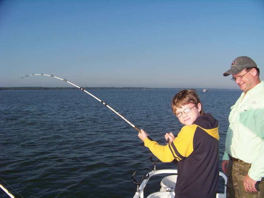 Tyler fighting the first fish of the morning, turned out to be a 17lb. blue! 